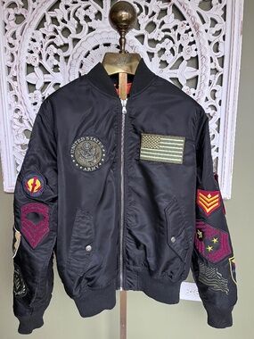 Smoke Rise brand MA-1 black flight bomber jacket with military patches Medium
